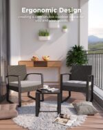 3 Pieces Outdoor Patio Furniture Set Rocking Bistro Set Outdoor Rattan Conversation with Coffee Table for Garden Balcony Backyard Poolside (Grey Cushion) - Image 7