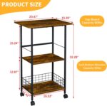 Microwave Cart with Storage, 3-Tier Rolling Kitchen Stand with Wire Basket, Wood and Metal Utility Cart on Wheels, Coffee Bar Station, Small Baker’s Rack As Kitchen Island, Microwave Shelf Organizer - Image 4