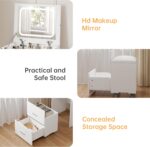 3 in 1 Vanity Desk, Compact Vanity with 3 Drawers, Makeup Desk with Flip-up 3 Colors Lighting Mirror and Cushioned Stool, Small Vanities Nightstand Perfect for Bedroom, White - Image 5
