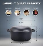 Bruntmor Pre-Seasoned Cast Iron Double Dutch Oven with Skillet Lid - 7 Quart All-in-One Casserole and Braising Pan - Heavy Duty and Oven Safe Black Cookware for Versatile Cooking - 14.7 x 6.9 Inches - Image 4