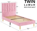 LIKIMIO Twin Bed Frames, Velvet Upholstered Platform Bed Frame with Headboard and Strong Wooden Slats, No Box Spring Needed/Noise-Free/Easy Assembly, Pink - Image 3