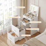 3 in 1 Vanity Desk, Compact Vanity with 3 Drawers, Makeup Desk with Flip-up 3 Colors Lighting Mirror and Cushioned Stool, Small Vanities Nightstand Perfect for Bedroom, White - Image 3