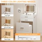 3 in 1 Vanity Desk, Compact Vanity with 3 Drawers, Makeup Desk with Flip-up 3 Colors Lighting Mirror and Cushioned Stool, Small Vanities Nightstand Perfect for Bedroom, White - Image 6