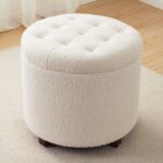 Ornavo Home Decor Round Ottoman with Storage, Round Vanity Chair Stool Ottoman Pouf with Storage for Living Room and Bedroom, Boucle White - Image 2