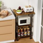 Microwave Cart with Storage, 3-Tier Rolling Kitchen Stand with Wire Basket, Wood and Metal Utility Cart on Wheels, Coffee Bar Station, Small Baker’s Rack As Kitchen Island, Microwave Shelf Organizer - Image 7