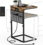 Vagusicc C Shaped End Table with Charging Station, 33" Tall Side Table for Couch, Sofa Table Adjustable Height Small Couch Side C Table, Slide Under Sofa Tray Arm Table for Living Room, Bedroom, Brown - Image 2