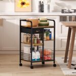keomaisyto Kitchen Serving Storage Cart with Table Top & Drawer, 3-Tier Rolling Utility Cart on Wheels with Adjustable 2 Storage Shelves, Coffee Bar cart for Kitchen/Dining/Living Room - Image 3