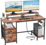 Furologee 47" Computer Desk with File Cabinet and Power Outlets, Home Office Desk with 2 Monitor Stands and Storage Drawer, Writing Gaming Table with Shelves and 2 Hooks for Bedroom, Rustic Brown - Image 2