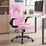 DUMOS Gaming Ergonomic Office Chair for Adults, Height Adjustable Computer Desk Chair with Flip-up Armrests, PU Leather Swivel Video Game Chair with 360° Rolling Wheels, Pink - Image 3