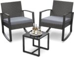 3 Pieces Outdoor Patio Furniture Set Rocking Bistro Set Outdoor Rattan Conversation with Coffee Table for Garden Balcony Backyard Poolside (Grey Cushion) - Image 2