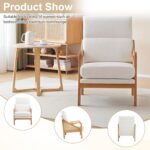 Karl home Modern Accent Chair, Mid-Century Woven Rattan Chairs with Upholstered Lounge Armchair with Oak Wood Frame & Soft Cushion for Living Room, Bedroom, Reading Room (White) - Image 5