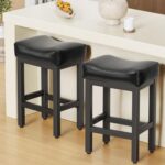 Counter Height Bar Stools Set of 2, 24 Inch Barstools for Kitchen Island Counter, Bonded Leather Kitchen Stools with Thick Saddle Seats & Heavy Duty Metal Base, Easy Assembly, All Black - Image 2