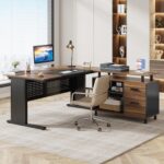Tribesigns 63 Inch Executive Desk with File Cabinet, Large Office Desk L Shaped Computer Desk with Drawers and Storage Shelves, Business Furniture Desk Workstation for Home Office, Brown and Black - Image 4