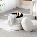 15 Inch Round Storage Ottoman Modern Footrest with Soft Padded Seat, Foot Stool Vanity Stool for Living Room/Hallway/Makeup/Bedrooms, Boucle Ottoman Seat, Teddy White - Image 5