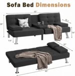 Shahoo Modern Linen Upholstered Convertible Folding Futon Sofa Bed with Removable Armrests, Metal Legs, 2 Cup Holders for Living Room, Black - Image 3
