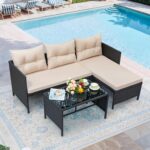 Greesum 3 Piece Patio Furniture Set Outdoor Wicker Rattan Sectional Sofa with Cushions & Coffee Table for Yard, Garden, Porch, Poolside, Light Beige - Image 4