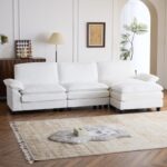 Karl home Sectional Sofa Modular Deep Seat Sofa Couch with Ottoman, Corduroy Sofa Sleeper Comfy Upholstered Furniture for Living Room, Apartment, Studio, Office, (3-Seat & 1-Ottoman, White) - Image 2
