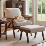 HNY Mid Century Modern Accent Chair with Ottoman, Farmhouse Linen Upholstered Living Room Armchair and Ottoman Set, 23" Seat Wide Retro Leisure Lounge Chair with Wood Frame for Home, Bedroom, Beige - Image 6