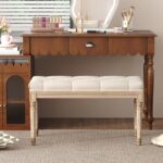Yusong Upholstered Bench, Bedroom Bench for End of Bed, Piano Bench with Button Tufted Padded Seat for Living Room, Dining, Entryway, Shoe, Vanity Foot-Stool with Carved Wood Legs, Beige - Image 3
