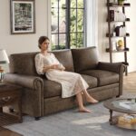 ONBRILL Faux Leather Sofa, 84 Inches Nailhead Trim Couch for Living Room, Mid-Century Modern Deep Seat Sofa with Rolled Arms, Classic 3 Seater Couch for Apartment, Office, Brown - Image 5