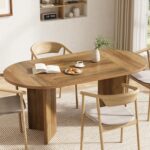 LITTLE TREE 63" Rustic Oval Dining Table for 4-6, Sturdy MDF Farmhouse Kitchen Table with Metal Strip Base, for Living Room, Office, Restaurant, Multi-Use, Umber - Image 4