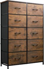 WLIVE Tall Dresser for Bedroom with 10 Fabric Drawers, Organizer Units for Closet, Storage Tower with Cabinet, Metal Frame, Rustic Brown Wood Grain Print Dressers - Image 2