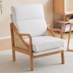 Karl home Modern Accent Chair, Mid-Century Woven Rattan Chairs with Upholstered Lounge Armchair with Oak Wood Frame & Soft Cushion for Living Room, Bedroom, Reading Room (White) - Image 2