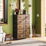 WLIVE Tall Dresser for Bedroom with 10 Fabric Drawers, Organizer Units for Closet, Storage Tower with Cabinet, Metal Frame, Rustic Brown Wood Grain Print Dressers - Image 3