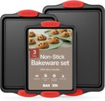 Baking Pan Set – 3 Piece Cookie Sheet – Deluxe Black Non-Stick Carbon Steel – Silicone Handles – Commercial Grade Restaurant Quality – PFOA PFOS and PTFE Free by Bakken - Image 2