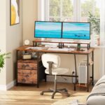 Furologee 47" Computer Desk with File Cabinet and Power Outlets, Home Office Desk with 2 Monitor Stands and Storage Drawer, Writing Gaming Table with Shelves and 2 Hooks for Bedroom, Rustic Brown - Image 3