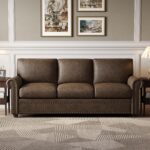 ONBRILL Faux Leather Sofa, 84 Inches Nailhead Trim Couch for Living Room, Mid-Century Modern Deep Seat Sofa with Rolled Arms, Classic 3 Seater Couch for Apartment, Office, Brown - Image 2