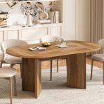 LITTLE TREE 63" Rustic Oval Dining Table for 4-6, Sturdy MDF Farmhouse Kitchen Table with Metal Strip Base, for Living Room, Office, Restaurant, Multi-Use, Umber - Image 5