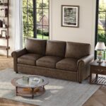 ONBRILL Faux Leather Sofa, 84 Inches Nailhead Trim Couch for Living Room, Mid-Century Modern Deep Seat Sofa with Rolled Arms, Classic 3 Seater Couch for Apartment, Office, Brown - Image 9