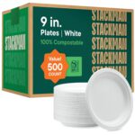 100% Compostable Paper Plates 9 Inch [500 Count] Heavy-Duty Dinner Plates - White Bagasse - Eco-Friendly Disposable Biodegradable Sugarcane Plates - [Bulk Case 4 x 125 Pack] - (BPI Certified) - Image 2
