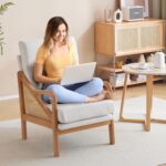 Karl home Modern Accent Chair, Mid-Century Woven Rattan Chairs with Upholstered Lounge Armchair with Oak Wood Frame & Soft Cushion for Living Room, Bedroom, Reading Room (White) - Image 8