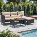 Greesum 3 Piece Patio Furniture Set Outdoor Wicker Rattan Sectional Sofa with Cushions & Coffee Table for Yard, Garden, Porch, Poolside, Light Beige - Image 2