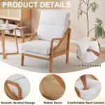 Karl home Modern Accent Chair, Mid-Century Woven Rattan Chairs with Upholstered Lounge Armchair with Oak Wood Frame & Soft Cushion for Living Room, Bedroom, Reading Room (White) - Image 4