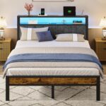 Queen Size Bed Frame with 2-Tier Storage Shelves Headboard, Platform Bed with Charging Station, LED Lights No Box Spring Needed Noise Free - Image 2