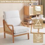 Karl home Modern Accent Chair, Mid-Century Woven Rattan Chairs with Upholstered Lounge Armchair with Oak Wood Frame & Soft Cushion for Living Room, Bedroom, Reading Room (White) - Image 7