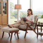 HNY Mid Century Modern Accent Chair with Ottoman, Farmhouse Linen Upholstered Living Room Armchair and Ottoman Set, 23" Seat Wide Retro Leisure Lounge Chair with Wood Frame for Home, Bedroom, Beige - Image 4