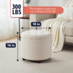 Ornavo Home Decor Round Ottoman with Storage, Round Vanity Chair Stool Ottoman Pouf with Storage for Living Room and Bedroom, Boucle White - Image 3