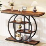 Tribesigns 41.3" Console Table, Industrial 4-Tier Sofa Table Entryway Table with Circle Base, Narrow Wood Accent Tables with Storage Shelves for Living Room, Hallway, Foyer, Rustic Brown - Image 4