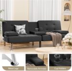 Shahoo Modern Linen Upholstered Convertible Folding Futon Sofa Bed with Removable Armrests, Metal Legs, 2 Cup Holders for Living Room, Black - Image 4