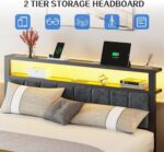 Queen Size Bed Frame with 2-Tier Storage Shelves Headboard, Platform Bed with Charging Station, LED Lights No Box Spring Needed Noise Free - Image 4