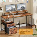Furologee 47" Computer Desk with File Cabinet and Power Outlets, Home Office Desk with 2 Monitor Stands and Storage Drawer, Writing Gaming Table with Shelves and 2 Hooks for Bedroom, Rustic Brown - Image 5