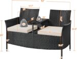 Yaheetech Patio Loveseat, Outdoor Wicker Double Chair w/Side Table, PE Rattan Furniture Set for Two People, Love Seat w/2 Removable Cushions & 1 Tempered Glass Side Table, Black/Beige - Image 4