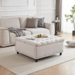 Tbfit Large Square Storage Ottoman Bench, Tufted Upholstered Coffee Table with Lift Top & Solid Wood Legs, Oversized Storage Ottomans Toy Box for Living Room (Beige) - Image 4