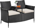 Yaheetech Patio Loveseat, Outdoor Wicker Double Chair w/Side Table, PE Rattan Furniture Set for Two People, Love Seat w/2 Removable Cushions & 1 Tempered Glass Side Table, Black/Beige - Image 2