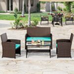 YITAHOME Patio Furniture Wicker Outdoor Bistro Set, 4-Piece All Weather Rattan Conversation Loveseat for Backyard, Balcony and Deck w/Soft Cushions and Metal Coffee Table (Brown+Blue) - Image 3