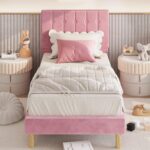 LIKIMIO Twin Bed Frames, Velvet Upholstered Platform Bed Frame with Headboard and Strong Wooden Slats, No Box Spring Needed/Noise-Free/Easy Assembly, Pink - Image 2